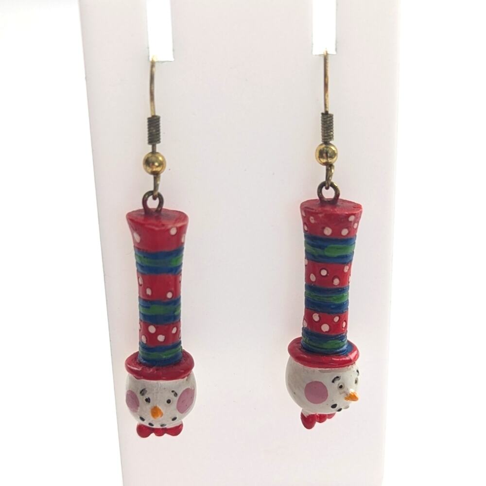 Vintage Estate Christmas Holiday Frosty Snowman Dangle Hook Earrings